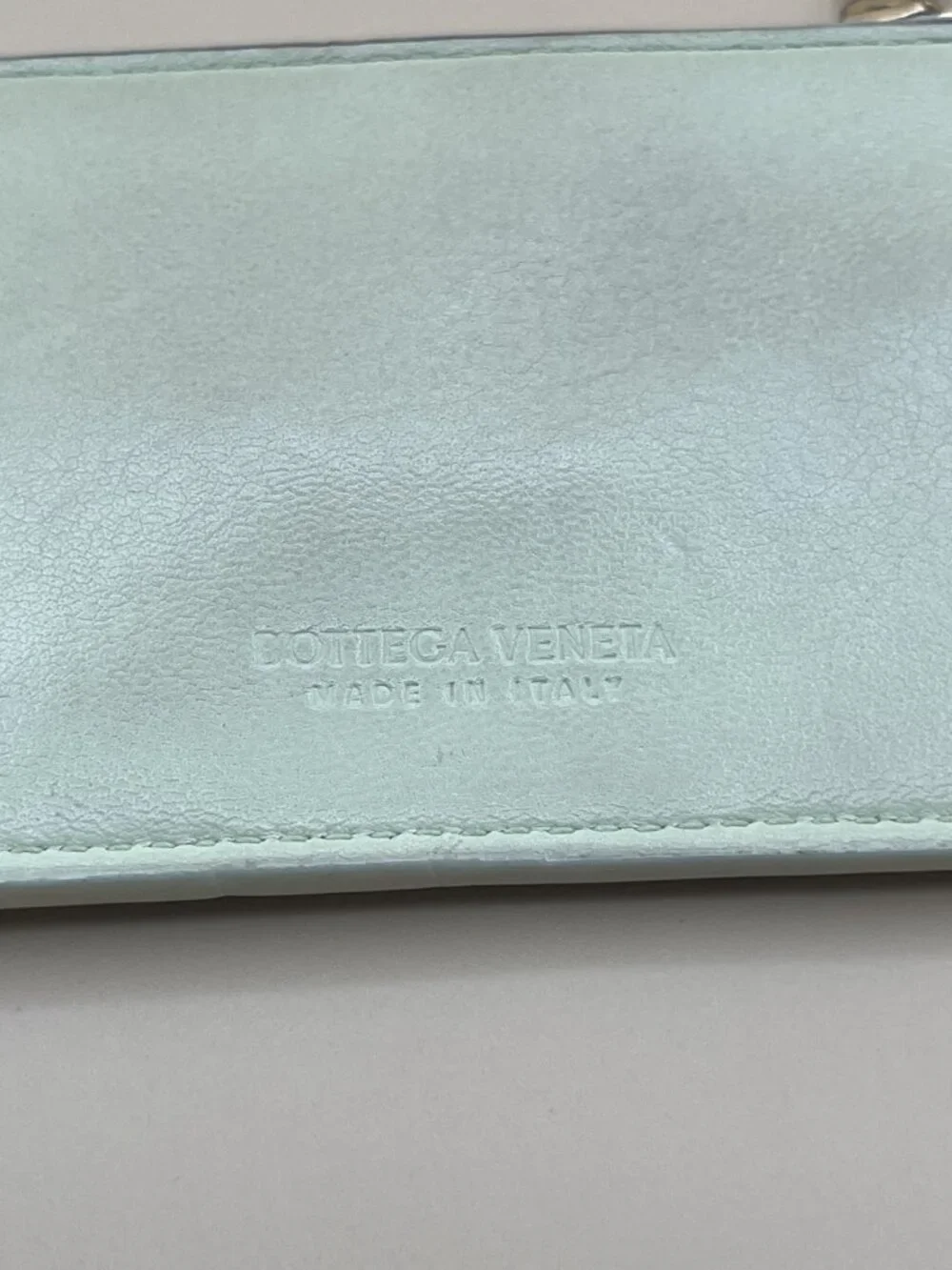 Bottega Veneta Intrecciato Zip Card Case Mint Green Woven Leather Key Ring Coin